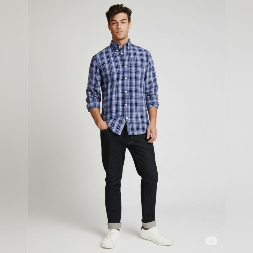 Croft & Barrow green and blue plaid front button collar shirt - weekend ca…